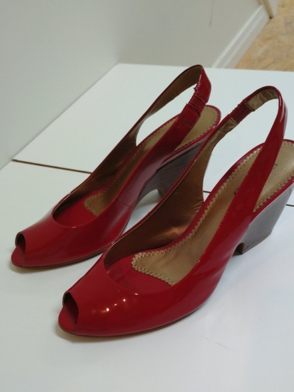 Franco Sarto Red Patent Leather Wedge Slingback Peeptoes, Size 8 - Picture 1 of 10
